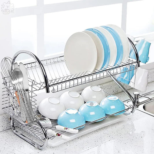2-Tier S-Shaped Multi-function Stainless Steel Dish Drying Rack,Cup Drainer Strainer