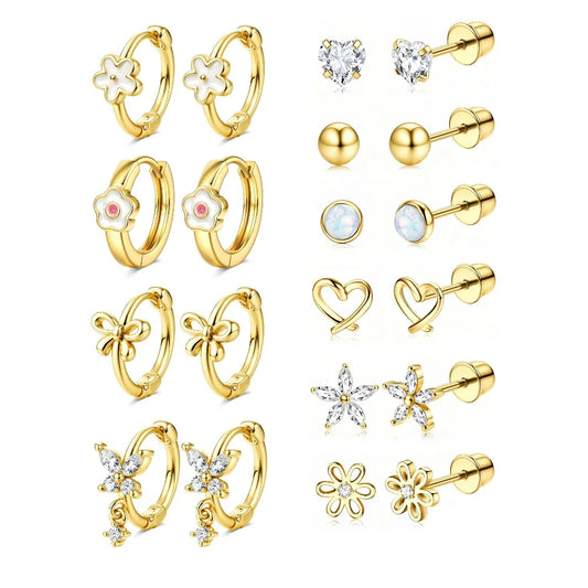 Bobisty 1Pair Hypoallergenic Screw Back Stud Hoop Earrings for Women Surgical Steel 14K Gold Plated Cute Heart CZ Flower Earring